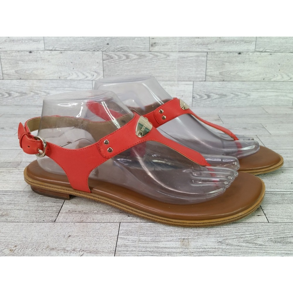 Women's Michael Kors Coral T-Strap Sandals Size 8.5 M Buckle Strap | Logo Flats